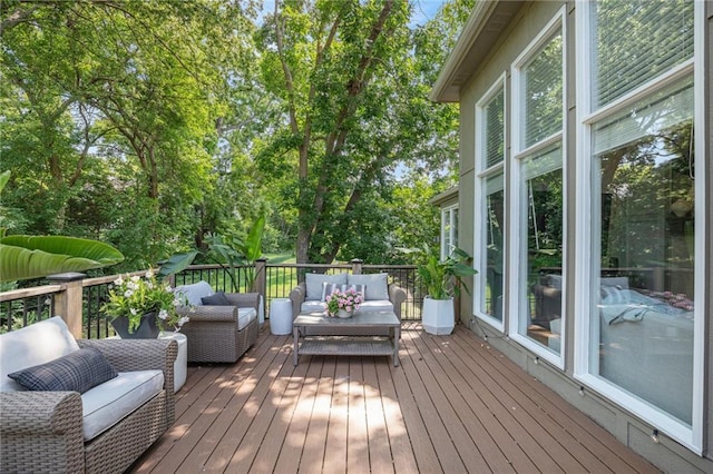4140 W 131st Ter, Leawood, KS 66209 - deck with outdoor lounge area and view of scattered trees