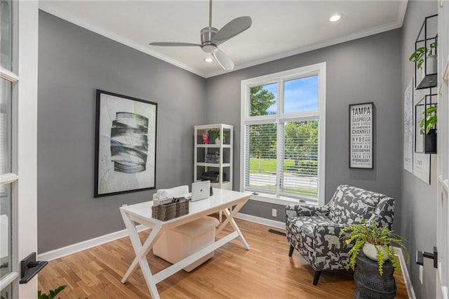4140 W 131st Ter, Leawood, KS 66209 - office space with light wood-style floors, ornamental molding, a ceiling fan, and recessed lighting