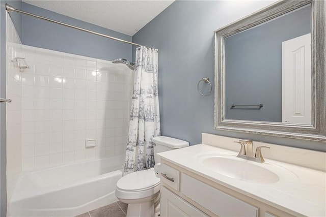 4140 W 131st Ter, Leawood, KS 66209 - full bath featuring vanity, shower / bath combo with shower curtain, tile patterned flooring, and a textured ceiling