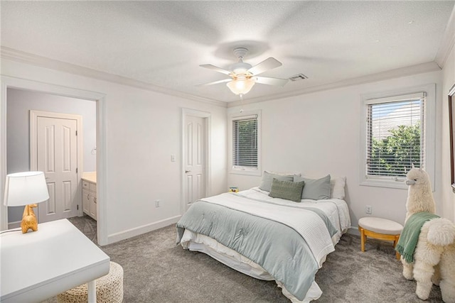 4140 W 131st Ter, Leawood, KS 66209 - bedroom featuring crown molding, carpet, a textured ceiling, a ceiling fan, and connected bathroom