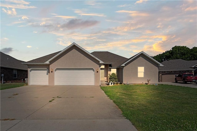 21506 Murlo Cir, Peculiar, MO 64078 - ranch-style house with an attached garage, driveway, stucco siding, and a yard