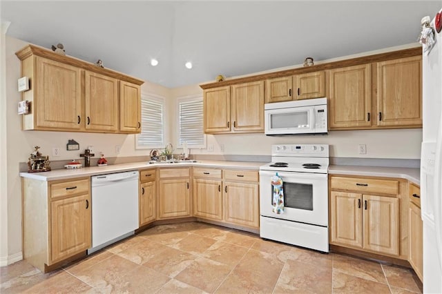 21506 Murlo Cir, Peculiar, MO 64078 - kitchen with white appliances, light brown cabinetry, light countertops, and recessed lighting