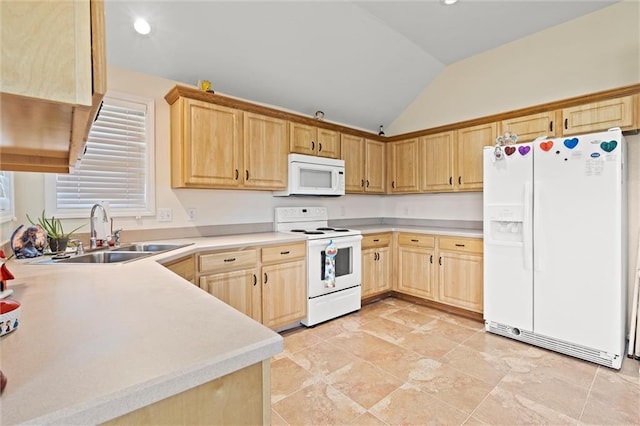 21506 Murlo Cir, Peculiar, MO 64078 - kitchen with white appliances, lofted ceiling, light countertops, light brown cabinetry, and recessed lighting