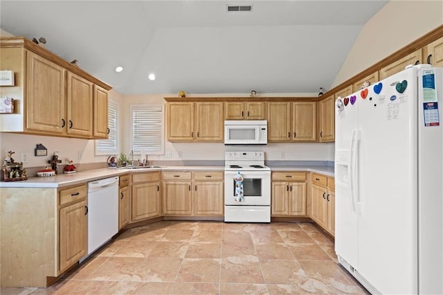 21506 Murlo Cir, Peculiar, MO 64078 - kitchen featuring white appliances, lofted ceiling, light countertops, light brown cabinetry, and recessed lighting