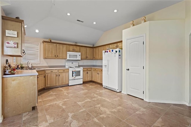 21506 Murlo Cir, Peculiar, MO 64078 - kitchen featuring white appliances, vaulted ceiling, recessed lighting, and light countertops
