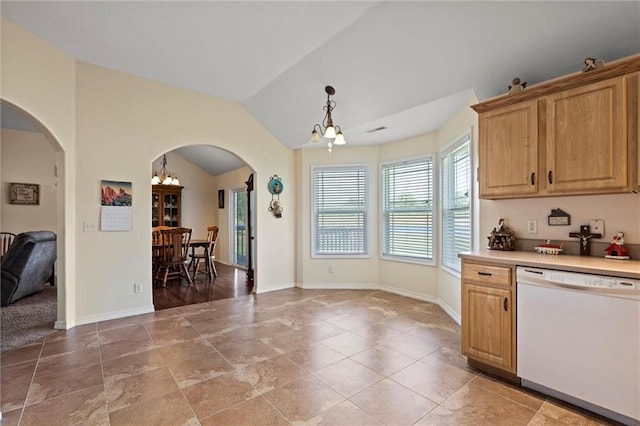 21506 Murlo Cir, Peculiar, MO 64078 - kitchen with dishwasher, a chandelier, arched walkways, vaulted ceiling, and light countertops