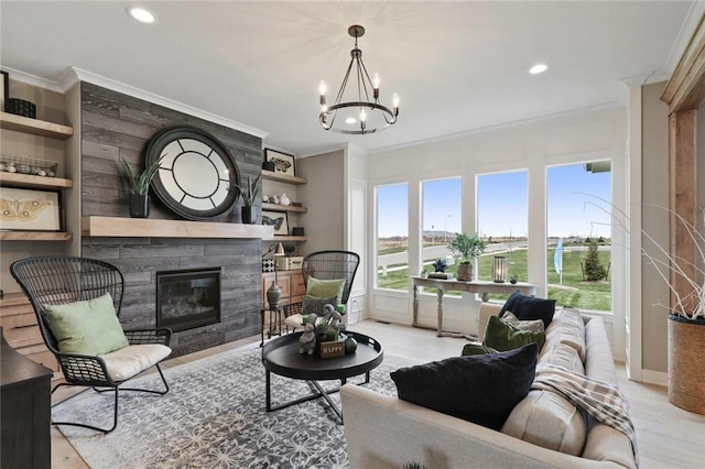 18608 Mohawk Ln, Overland Park, KS 66085 - living area with crown molding, a fireplace, a chandelier, light wood-style floors, and recessed lighting