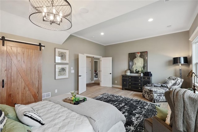 18608 Mohawk Ln, Overland Park, KS 66085 - bedroom featuring ornamental molding, light wood-type flooring, a barn door, recessed lighting, and a chandelier