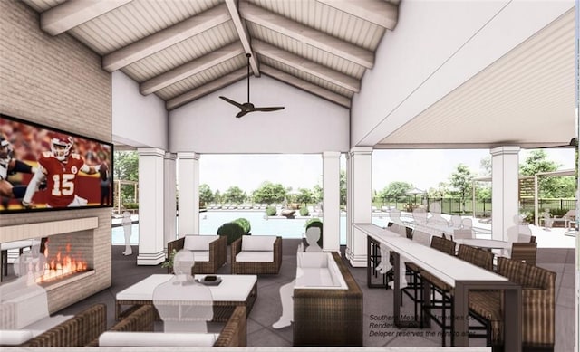 18608 Mohawk Ln, Overland Park, KS 66085 - view of patio / terrace featuring an outdoor living space with a fireplace, ceiling fan, and exterior bar