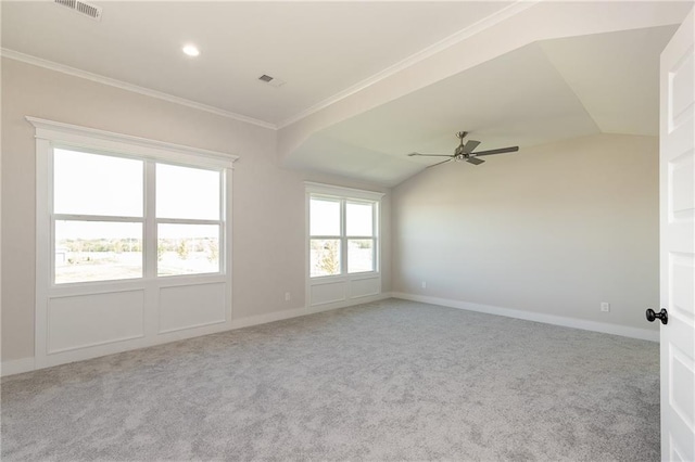 3361 W 187th St, Overland Park, KS 66085 - carpeted empty room with a ceiling fan, ornamental molding, lofted ceiling, and recessed lighting