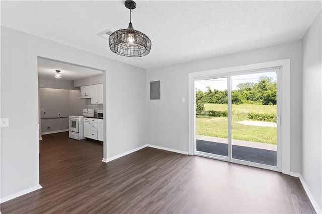 1313 S Clark Ave, Independence, MO 64057 - unfurnished dining area featuring dark wood-type flooring, a textured ceiling, and electric panel