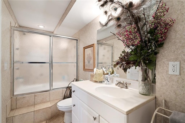 24445 E Truman Rd, Independence, MO 64056 - full bath with vanity, shower / bath combination with glass door, and wallpapered walls