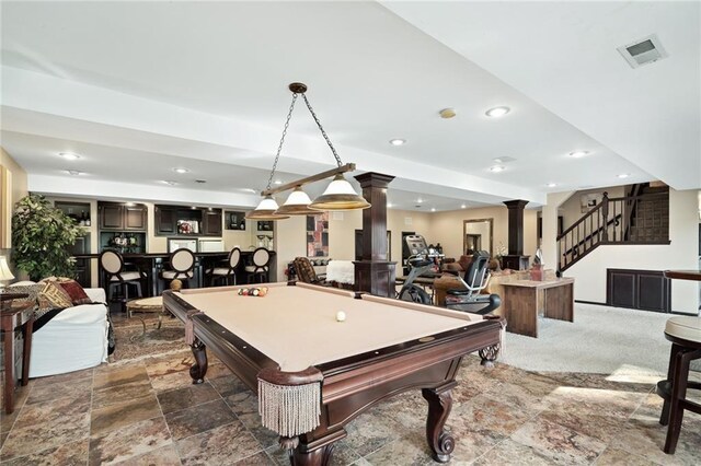 24445 E Truman Rd, Independence, MO 64056 - recreation room featuring billiards, stone tile floors, a community bar, recessed lighting, and decorative columns