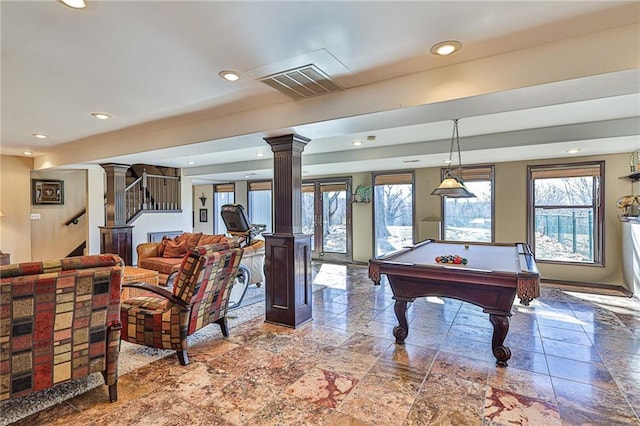 24445 E Truman Rd, Independence, MO 64056 - playroom featuring decorative columns, recessed lighting, and billiards table
