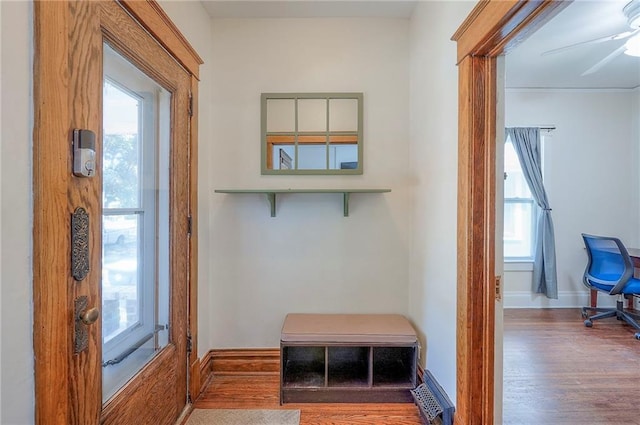 3923 Campbell St, Kansas City, MO 64110 - mudroom with wood finished floors, healthy amount of natural light, and a ceiling fan