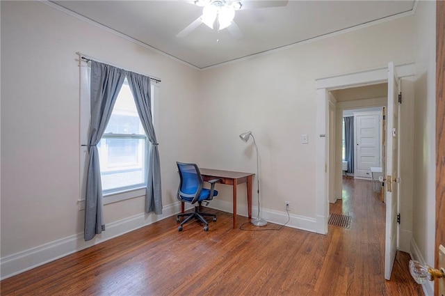 3923 Campbell St, Kansas City, MO 64110 - office space featuring a ceiling fan, wood finished floors, and ornamental molding