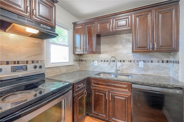 611 Pawnee Ln, Belton, MO 64012 - kitchen featuring stainless steel electric range oven, dishwasher, under cabinet range hood, and decorative backsplash