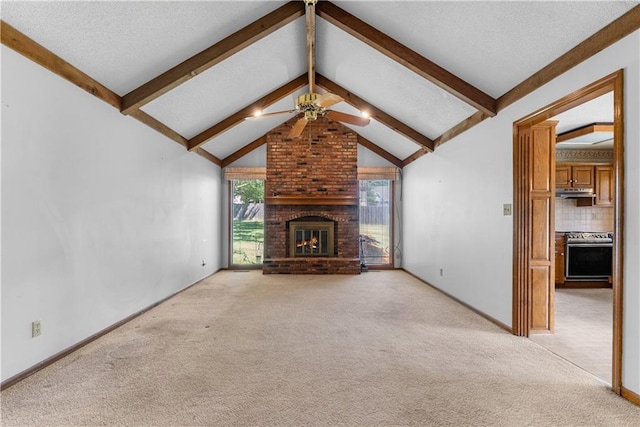 2117 Parker Ct, Blue Springs, MO 64015 - unfurnished living room featuring light carpet, ceiling fan, and a brick fireplace