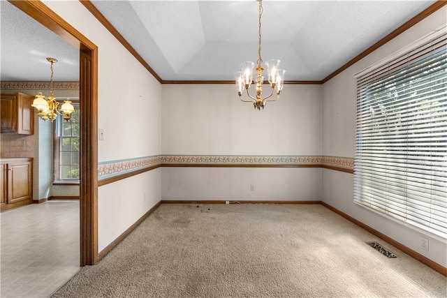 2117 Parker Ct, Blue Springs, MO 64015 - unfurnished room featuring a chandelier, ornamental molding, light colored carpet, vaulted ceiling, and a textured ceiling