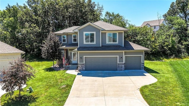 1016 SE Forest Ridge Ct, Blue Springs, MO 64014 - view of front of property with a front lawn, concrete driveway, a garage, stone siding, and a shingled roof