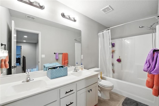 1016 SE Forest Ridge Ct, Blue Springs, MO 64014 - full bath featuring shower / bathtub combination with curtain, double vanity, tile patterned flooring, and a textured ceiling