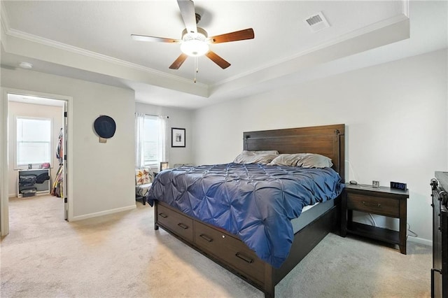 1016 SE Forest Ridge Ct, Blue Springs, MO 64014 - bedroom featuring a raised ceiling, ornamental molding, light colored carpet, and ceiling fan