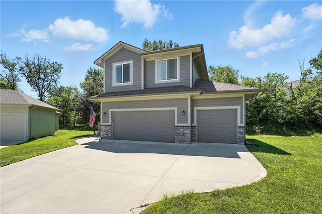 1016 SE Forest Ridge Ct, Blue Springs, MO 64014 - view of front facade with a front yard, driveway, stone siding, and an attached garage