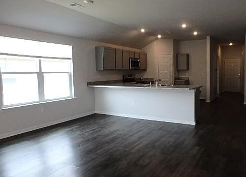 622 N Pecan St, Gardner, KS 66030 - kitchen with stainless steel microwave, a peninsula, dark wood-style floors, lofted ceiling, and range