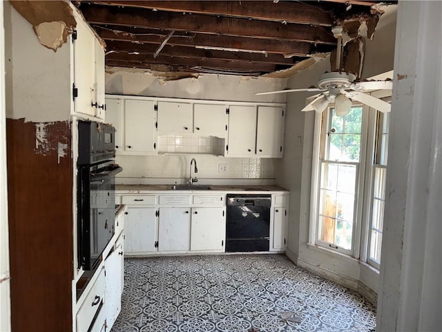 8812 W 72nd St, Overland Park, KS 66204 - kitchen featuring black appliances, white cabinets, a ceiling fan, and decorative backsplash