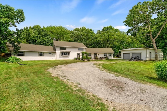 4815 Cheyenne Ln, Mclouth, KS 66054 - view of front facade featuring a detached garage, a front lawn, stucco siding, and an outdoor structure