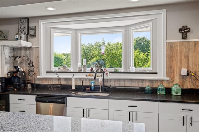 4815 Cheyenne Ln, Mclouth, KS 66054 - kitchen featuring stainless steel dishwasher, dark stone counters, white cabinets, healthy amount of natural light, and recessed lighting
