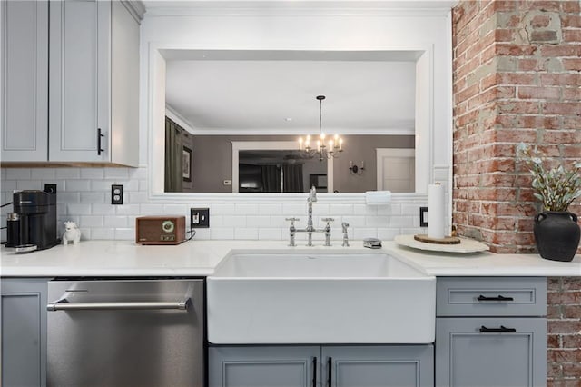6000 Cherry St, Kansas City, MO 64110 - kitchen featuring dishwasher, gray cabinets, decorative backsplash, and crown molding