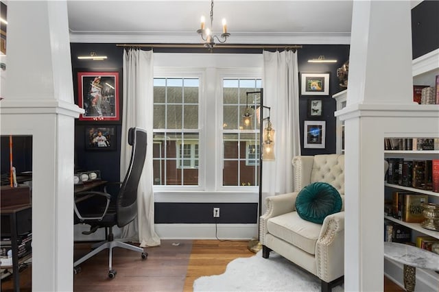 6000 Cherry St, Kansas City, MO 64110 - office featuring wood finished floors, crown molding, and a chandelier