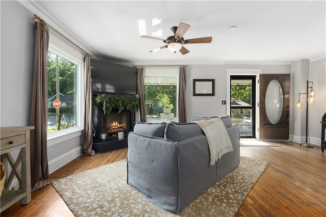 6000 Cherry St, Kansas City, MO 64110 - living room with a warm lit fireplace, crown molding, wood finished floors, and ceiling fan