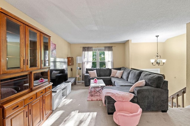 820 S Virginia Ln, Olathe, KS 66061 - living area featuring light carpet, a chandelier, and a textured ceiling