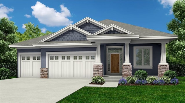 24843 W 112th St, Olathe, KS 66061 - craftsman inspired home with an attached garage, stone siding, concrete driveway, and a front lawn