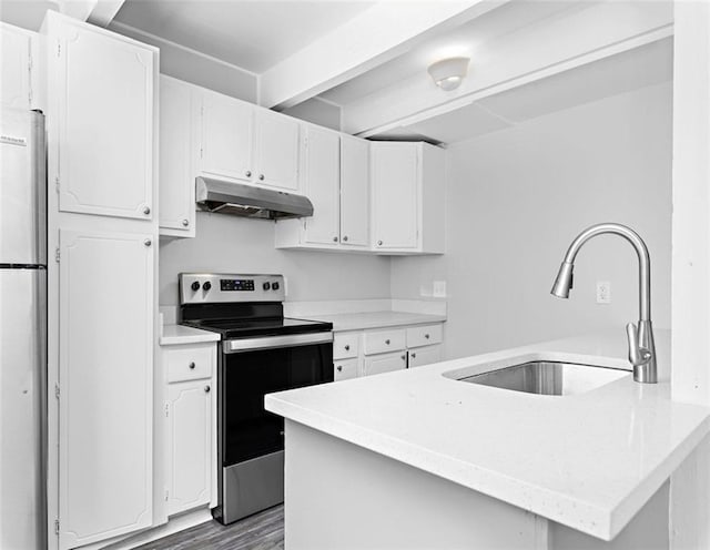 2410 38th St, Kansas City, KS 66104 - kitchen with appliances with stainless steel finishes, under cabinet range hood, and white cabinetry