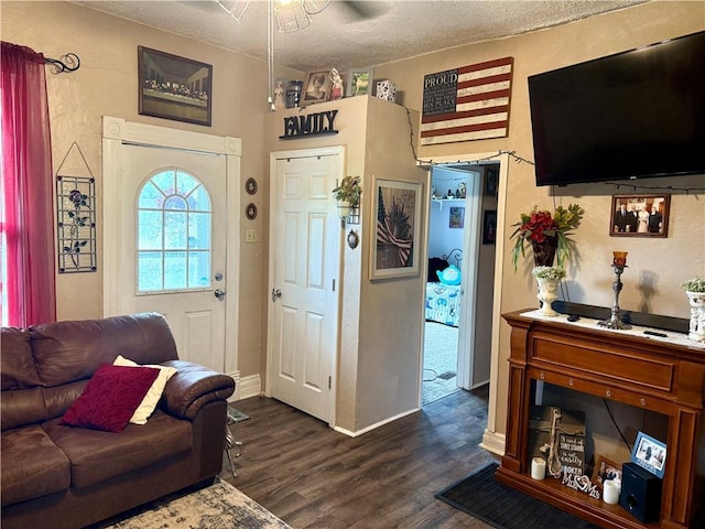 715 Harmon St, Saint Joseph, MO 64504 - living room with dark wood-style flooring and a textured ceiling