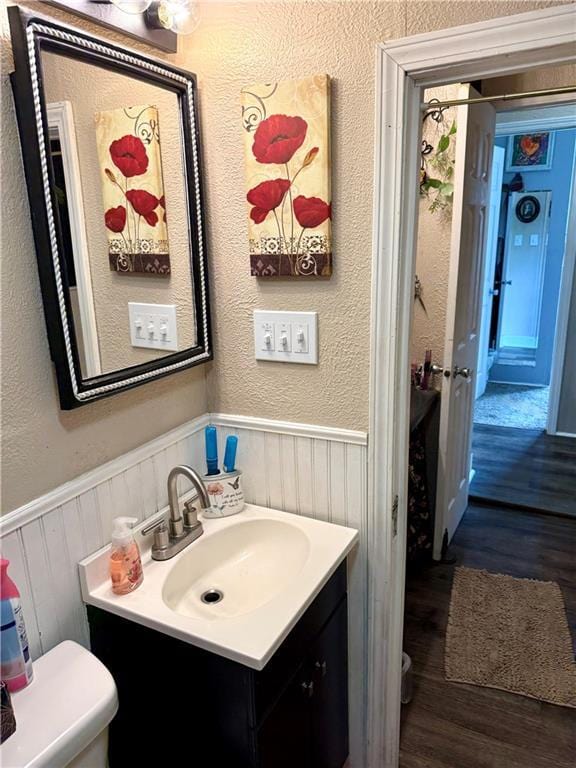 715 Harmon St, Saint Joseph, MO 64504 - bathroom featuring wainscoting, wood finished floors, vanity, and a textured wall