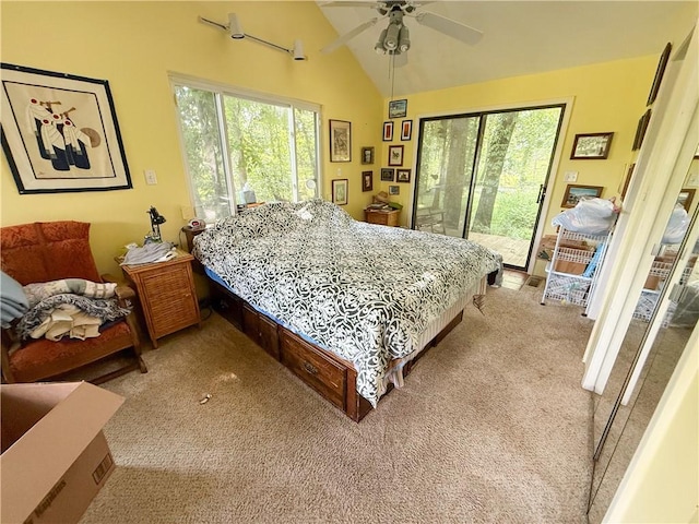 24604 E 327th St, Harrisonville, MO 64701 - bedroom with access to exterior, light colored carpet, vaulted ceiling, and a ceiling fan