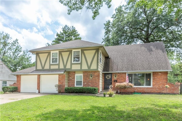 12408 Monroe Ave, Grandview, MO 64030 - english style home featuring concrete driveway, brick siding, a front lawn, and a garage