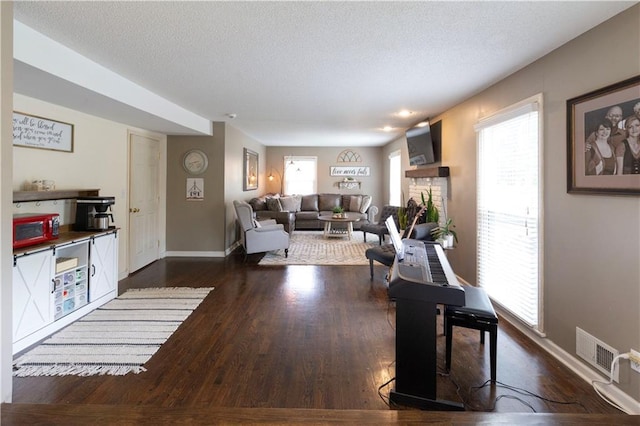 12408 Monroe Ave, Grandview, MO 64030 - living room with dark wood finished floors, healthy amount of natural light, and a textured ceiling