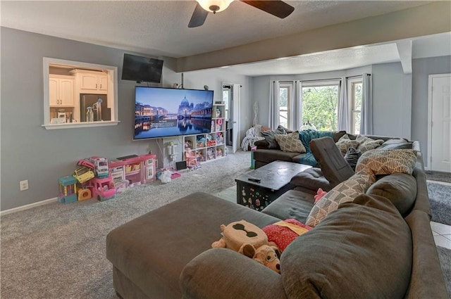 5300 NW 58th Ter, Kansas City, MO 64151 - living area with carpet flooring, a ceiling fan, and a textured ceiling