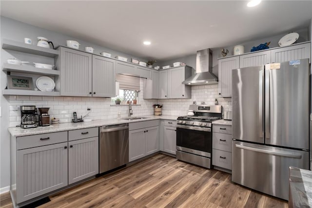303 W S St, Spring Hill, KS 66083 - kitchen featuring appliances with stainless steel finishes, wall chimney range hood, gray cabinets, backsplash, and wood finished floors