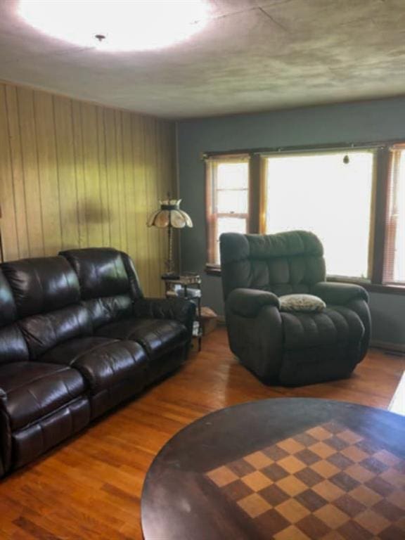 502 N Tennessee St, Iola, KS 66749 - living room featuring wood finished floors and wood walls
