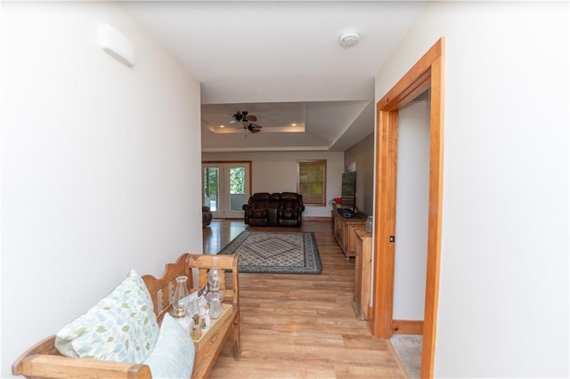 29309 E State Route B, Archie, MO 64725 - hall featuring light wood finished floors and a tray ceiling