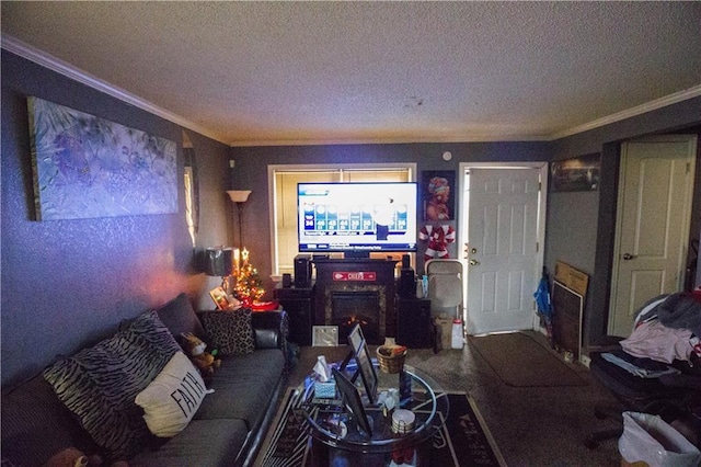 5521-3 Wabash Ave, Kansas City, MO 64130 - living room featuring crown molding, a textured ceiling, and a lit fireplace