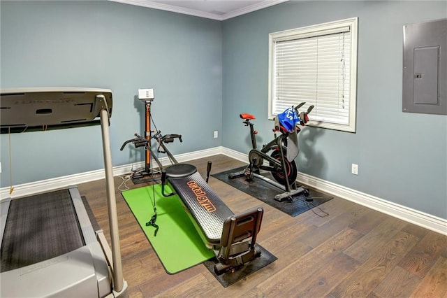 14780 S Glen Eyrie St, Olathe, KS 66061 - exercise area featuring electric panel, crown molding, and wood finished floors