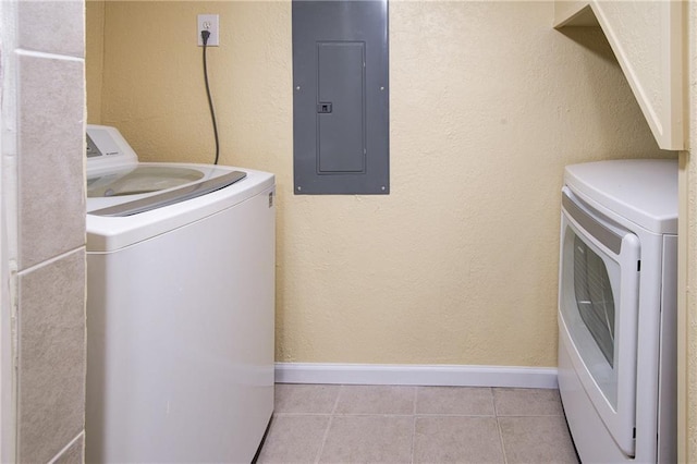 3624 Norledge Ave, Kansas City, MO 64123 - laundry area with electric panel, washing machine and dryer, light tile patterned floors, and a textured wall