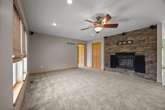 295 E 2300th Rd, Edgerton, KS 66021 - unfurnished living room featuring ceiling fan, carpet flooring, a fireplace, and recessed lighting